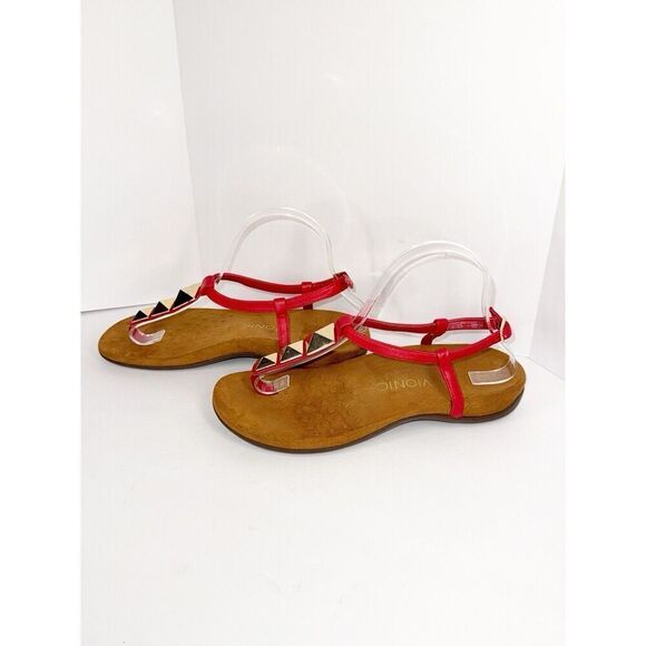 Vionic‎ Sandals 8 Nala Thong Red Leather T Strap Gold Slingback Comfort Flats - Picture 2 of 15